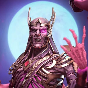 Op de afbeelding: Een digitale illustratie van een skeletfiguur met een kroon en sierlijke bepantsering, tegen een paarse en blauwe achtergrond met een volle maan. De figuur heeft een gloeiend roze oog en is omringd door roze tentakels. De tekst "PATREON H3LL CREATOR" is inbegrepen.