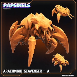 May include: A 3D printed model of a creature called "Arachminid Scavenger - A" from the game "Papsikels". The creature is a large, brown, spider-like creature with multiple legs and a large head with sharp teeth.