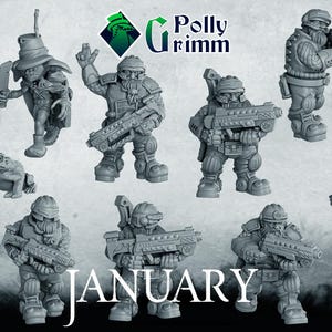 May include: A collection of 10 grey painted miniature figurines, including a mushroom, a frog, a goblin, and several humanoids with weapons. The miniatures are arranged on a grey background with the text "JANUARY" in large white letters.