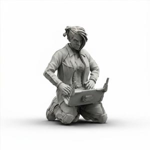 May include: A gray resin miniature figurine of a character kneeling while operating a portable laptop computer. The figure wears a collared jacket, pants with knee pads, and has hair styled in a side-swept ponytail. The device features two antennas.