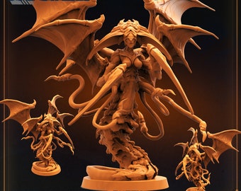 May include: A detailed, brown, 3D printed miniature of a Gigerian Mistress Queen, a creature with a human-like torso, multiple arms, and a long, segmented tail. The creature has large, bat-like wings and a menacing expression. The miniature is set on a circular base.