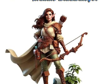 May include: An illustration of an Elven Ranger, Arannis Windwhisper, with a bow and arrow. She is dressed in a beige tunic, brown leather armour, and boots. The image includes text that reads "6 Elven Ranger Arannis Windwhisper" and "Concept Art".