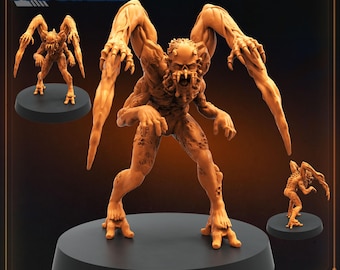 Könnte beinhalten: Eine detaillierte, 3D-gedruckte Miniatur aus orange-braunem Kunststoff, die einen Necromorph Slasher aus dem Videospiel Dead Space darstellt. Die Figur hat vier Arme, scharfe Krallen und einen klaffenden Schlund. Die Figur ist in einer bedrohlichen Haltung aufgestellt, bereit zum Angriff. Die Figur ist mit "Necromorph Slasher 1" und "JANUARY 2025 RELEASE" beschriftet.