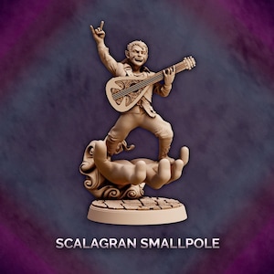 May include: A detailed, light brown figurine of a musician playing a stringed instrument, standing on a hand-shaped base. The musician is in a dynamic pose, with one hand raised in a rock-and-roll gesture. The base has the text "SCALAGRAN SMALLPOLE".