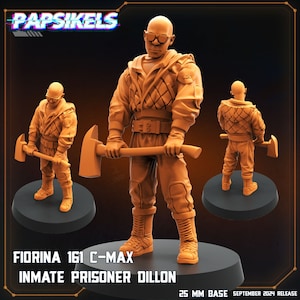 May include: Orange figurine of a bald person in sunglasses, jacket, and boots, holding a hammer. The figurine is labelled "FIORINA 161 C-MAX INMATE PRISONER DILLON" with a "25 MM BASE SEPTEMBER 2024 RELEASE" label. The brand name "PAPSIKELS" is at the top.