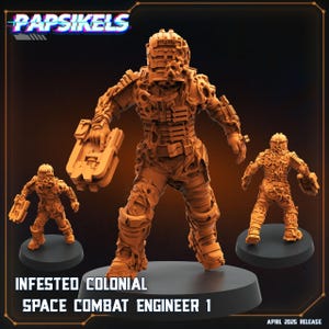 May include: A 3D printed miniature of a space combat engineer, featuring a detailed, textured, and weathered design. The figure is wearing a helmet and holding a weapon. The figure is painted in a brown colour. The figure is part of a set of miniatures called "Infested Colonial Space Combat Engineer 1".