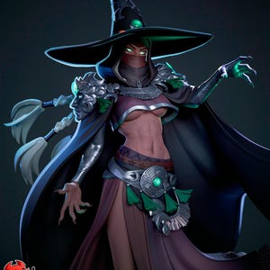 May include: A detailed sculpture of a witch figure, wearing a large black hat with a green gem, a dark cloak, and a long flowing skirt. The figure has a masked face and intricate silver armor. The image includes the text "PATREON H3LL CREATOR".