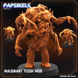 May include: A detailed, orange-brown Malignant Flesh Mob miniature figure. The figure has multiple arms, skulls, and a textured appearance. The base is black. The text "MALIGNANT FLESH MOB" and "NOVEMBER 2025 RELEASE" are visible.