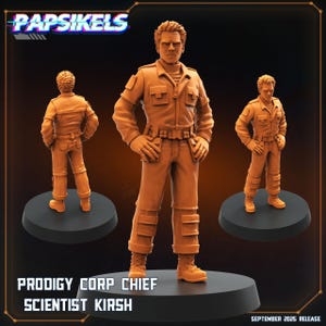 May include: Three orange-brown Prodigy Corp Chief Scientist Kirsh figurines on black bases. The central figure stands with hands on hips, flanked by two smaller figures. The text "Papsikels" is at the top, and "September 2025 Release" is at the bottom.