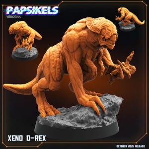 Peut inclure: Figurine détaillée d'un Xeno D-Rex orange-brun, créature ressemblant à un dinosaure, sur un socle rocheux gris. Le texte "PAPSIKELS" et "XENO D-REX" est visible. La date de sortie, octobre 2025, est également présente.