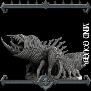 May include: A detailed, gray, 3D printed miniature of a monstrous creature with a segmented body, sharp claws, and a large, gaping maw. The creature is labeled "Mind Gouger".