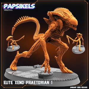May include: A detailed, orange-brown plastic miniature of an alien creature from the movie Alien. The creature is standing on a grey base with the text "Elite Xeno Praetorian 1" and "JANUARY 2025 RELEASE".