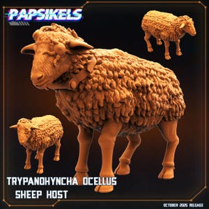 Peut inclure: Image numérique d'une créature ressemblant à un mouton, de couleur brun chaud, avec une fourrure détaillée et un collier unique. Le texte "TRYPANOHYNCHA OCELLUS SHEEP HOST" est affiché en dessous, avec le logo "Papsikels" en haut.