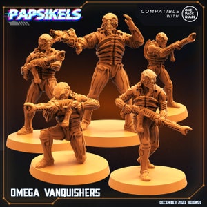 May include: Five detailed, unpainted, plastic miniatures of humanoid figures with skeletal features and large, bulbous heads. The figures are holding weapons and are posed in various action stances. The miniatures are labeled "Omega Vanquishers" and are compatible with "One Page Rules".