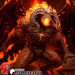 Puede incluir: Figura detallada de una criatura demoníaca con acentos de color naranja y rojo fuego. La criatura tiene grandes cuernos, alas y una boca llena de llamas. La figura está posada en una postura dinámica, con detalles intrincados.