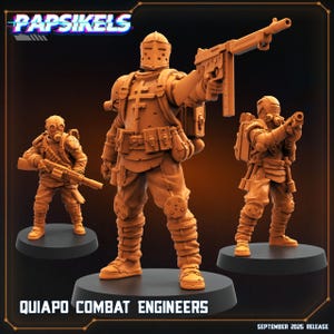 May include: Three orange-brown Quiapo Combat Engineers figures. The figures are in combat poses, holding weapons and wearing protective gear. The text "Papsikels" is at the top, and "QUIAPO COMBAT ENGINEERS" is at the bottom.