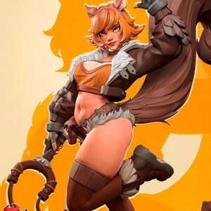 May include: A figurine of a woman with orange hair and squirrel-like features, dressed in a brown and tan outfit. The figure is set against an orange background with a squirrel silhouette. The text "PATREON h3LLcreator" is visible.