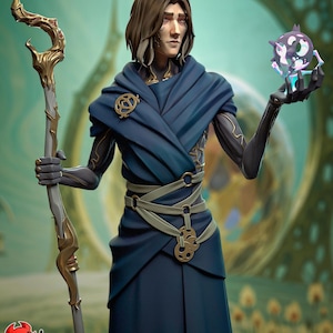 May include: A figure with long brown hair and blue eyes wears a blue robe with gold accents and holds a staff and a glowing orb. The figure has a mechanical appearance with visible wires and gears.