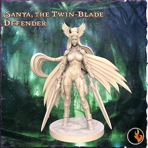 Könnte beinhalten: Eine weiße Plastik-Miniaturfigur einer Kriegerin mit einem fließenden Umhang und zwei Klingen. Die Figur steht auf einem runden Sockel. Der Text "SANYA, THE TWIN-BLADE DEFENDER" ist oben im Bild sichtbar.
