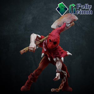 May include: A red hooded figure with a sharp, jagged weapon, holding a crudely made axe. The figure is wearing a red hood with a pointed top and a red tunic. The figure has a menacing expression and is ready to strike.