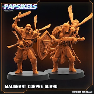 Puede incluir: Dos miniaturas marrones de Malignant Corpse Guard sobre bases negras. Una figura sostiene una espada, la otra un rifle y un escudo. El texto "MALIGNANT CORPSE GUARD" es visible. Las miniaturas son detalladas.