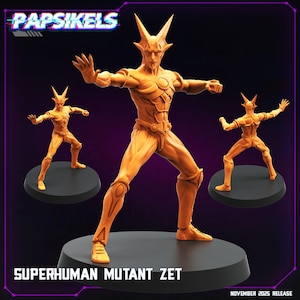 Puede incluir: Tres figuras naranjas de Superhuman Mutant Zet sobre bases negras. La figura central está en una pose dinámica con los brazos extendidos. Los textos "Papsikels" y "Superhuman Mutant Zet" son visibles. La fecha de lanzamiento es noviembre de 2025.