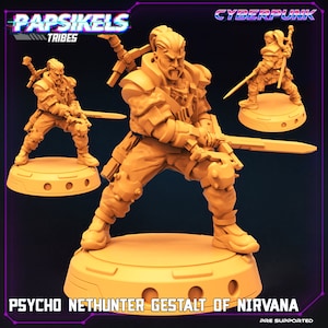 May include: A 3D printed miniature of a cyberpunk character holding a sword. The character is wearing a futuristic outfit with armor and a belt. The miniature is painted in a light orange color. The text "PSYCHO NETHUNTER GESTALT OF NIRVANA" is printed below the miniature.