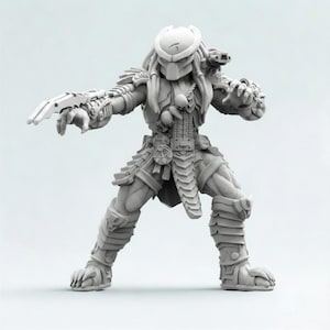 Puede incluir: Una figura de acción gris de Predator, posando con un arma extendida. La figura es muy detallada, mostrando armadura, rastas y armas intrincadas. La figura está de pie con las piernas separadas, lista para la acción.