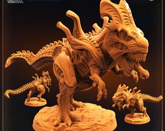 May include: A 3D printed miniature of a Xenomorph-Tyrannosaurus Rex hybrid, or "Xeno Trex", with a brown, orange, and beige color scheme. The miniature is compatible with "One Page Rules" games. The image also shows two smaller miniatures of the same creature.