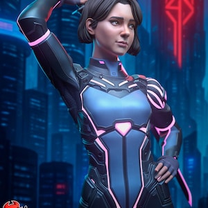May include: A digital illustration of a woman in a futuristic suit with a sword. The suit is primarily black and blue with pink accents. The background features a cityscape with neon lights. The image includes the text "PATREON h3LLcreator".