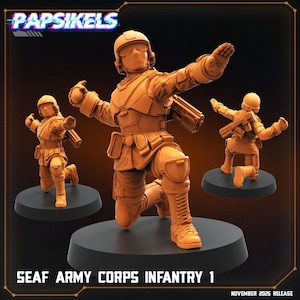 Può includere: Tre figurine arancioni di fanteria SEAF Army Corps 1 in pose dinamiche. Le figurine indossano elmetti, giubbotti antiproiettile e stivali. Il testo "PAPSIKELS" è in alto e "NOVEMBER 2025 RELEASE" in basso.