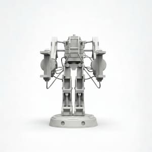 May include: A grey model of a mechanical robot, featuring intricate details. The robot has a central body, two arms with circular components, and two legs. It stands on a circular base with small, round features. Wires and tubes connect the parts.