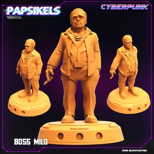 May include: A 3D printed miniature of a character wearing a suit and tie. The character is standing on a circular base. The miniature is painted in a light orange color. The text "Boss Milo" is printed on the base. The text "Cyberpunk" is printed in the upper right corner of the image. The text "Papsikels" is printed in the upper left corner of the image.