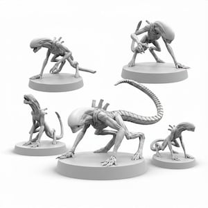 May include: A set of five unpainted grey plastic miniature figurines depicting extraterrestrial creatures with elongated heads, segmented tails, and clawed limbs. Each creature is posed in a crouched or stalking position on a circular base.