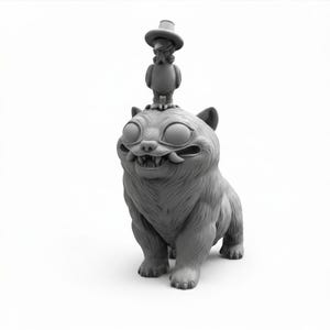 Può includere: Statuetta grigia di un gatto dei cartoni animati con grandi occhi e un sorriso. Un piccolo uccello con un cappello a cilindro è in piedi sulla testa del gatto. Il gatto ha una consistenza pelosa ed è in posizione di camminata.