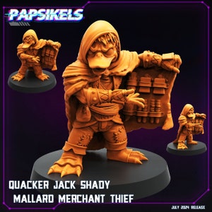 May include: A hand-painted miniature figurine of a duck-like creature wearing a hooded cloak and holding a pouch. The figurine is painted in shades of brown and orange and has a detailed design. The figurine is titled "Quack Jack Shady Mallard Merchant Thief".
