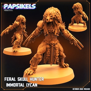 Puede incluir: Una miniatura impresa en 3D de un Feral Skull Hunter Immortal Lycan, una criatura con una cabeza de cráneo, rastas y una falda de hueso. La miniatura está pintada de color marrón claro y está de pie sobre una base redonda.