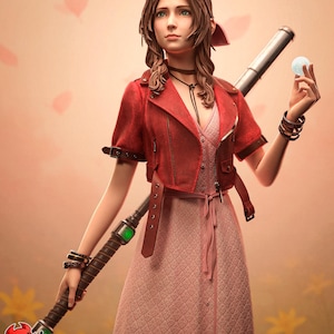 May include: A digital illustration of a character from Final Fantasy VII. The character is wearing a red jacket over a pink dress and holding a staff and a glowing orb. The background is a soft peach color with falling petals.
