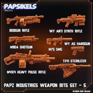 May include: Seven brown weapon models are displayed, including rifles, shotguns, and a handgun. The image includes the text "PAPSIKELS" and "PAPZ INDUSTRIES WEAPON BITS SET - 5". The release date is October 2025.
