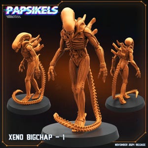 May include: A 3D printed, orange-brown colored, detailed figurine of an alien creature with a long, segmented tail. The creature has a large head with a pointed jaw and a long, thin body. The figurine is posed in a standing position with its tail curled around its legs. The text "XENO BIGCHAP - 1" is printed below the figurine.