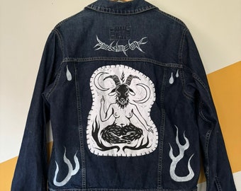 Hand Painted Denim Jacket with Handmade Baphomet Linocut Patch