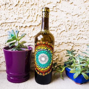 Mandala Bottles, Mandala Wine Bottle, Painted Wine Bottles, Patio Decor, Mandala design bottle, Fall Decorations, Bohemian decor, Boho decor
