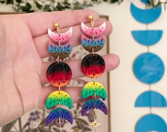 Mirabel in Progress Pride | Handmade Polymer Clay LGBTQ Pride Flag Moon Earrings