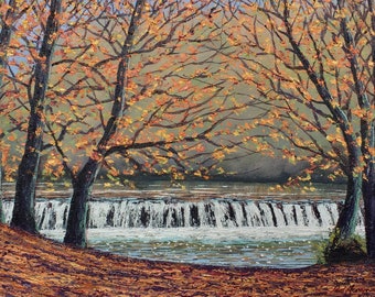 Autumn Plymbridge Weir - Paul Acraman Oil Painting