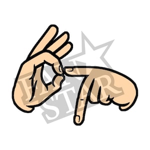 Puede incluir: Ilustración de dos manos formando el signo ASL de "OK". Una mano hace un círculo con el dedo índice y el pulgar, mientras que la otra mano apunta al círculo. Las manos están delineadas en negro con un color de piel.