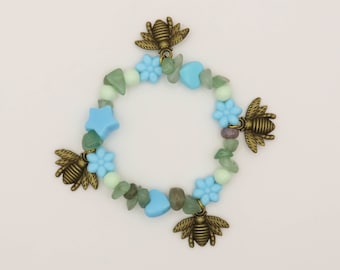cottagecore bee meadow beaded bracelet, stretchy cord, flower field