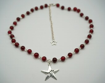 y2k star choker necklace, burgundy silver stars