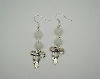 coquette white bows dangle earrings, cute classic ballerina