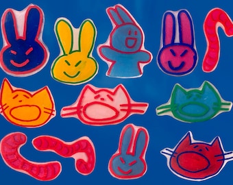 Cute Deco Doodle Animal Handmade Pins - Cat, Bunny, Worm