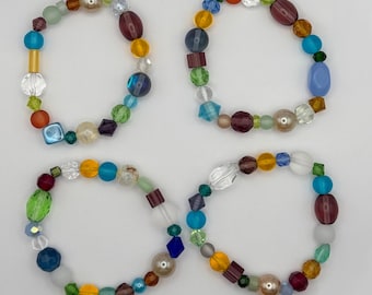 sun catcher beaded bracelet, stretchy cord, crowcore stained glass